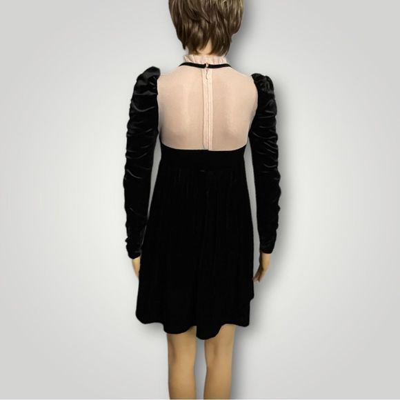 Chelsea & Violet Black Velvet Empire Waist Nude Mesh Hi Neck Ruched Sleeve - Picture 8 of 9